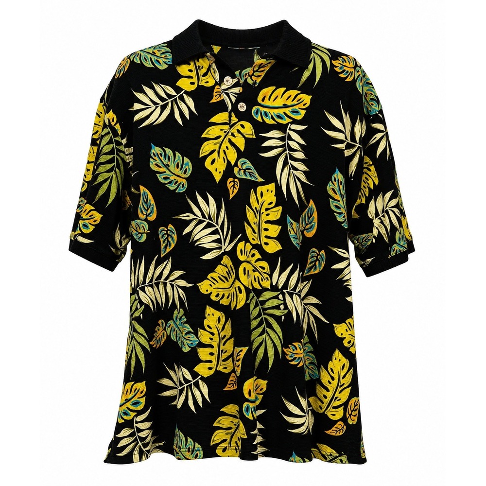 Island Dry Goods Mens XL Black Tropical Monstera Leaf Cotton Polo Shirt NWT
